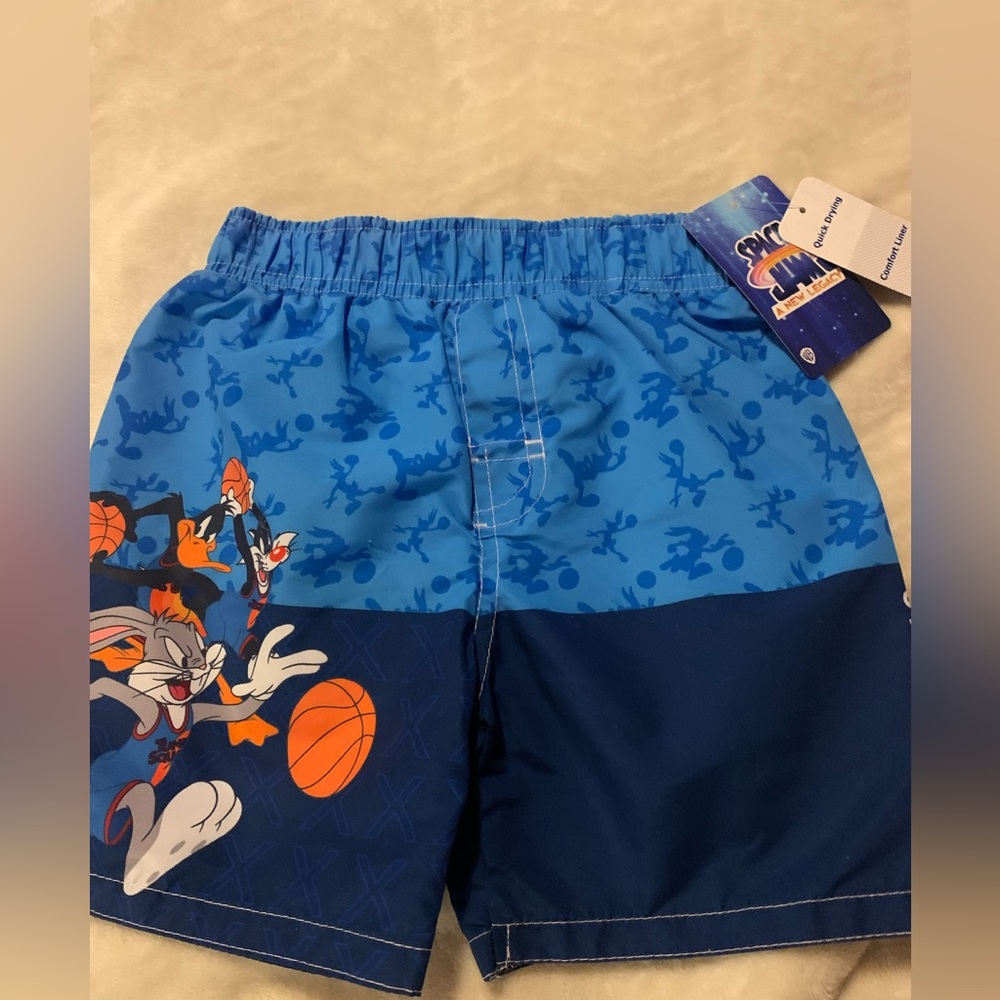 Boys size 2T swim trunks/shirts. Space jam! Mesh lined and drawstring
